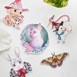 以下が含まれることがあります： 幻想的な動物のイラストが描かれた、カラフルなステッカー5枚。赤い蝶ネクタイをした白いウサギ、ピンクの魔女の帽子をかぶった白いウサギ、青いスカーフと魔女の帽子をかぶった白いネズミ、ピンクの目をした白い毛のない猫、そして大きな目をした茶色と黄色の蛾。