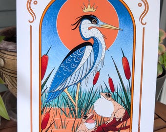 King of the Creek | Blue Heron art print | Whimsical animals | Colorful bird art | art nouveau decor | Cute frogs | Human Made Illustration