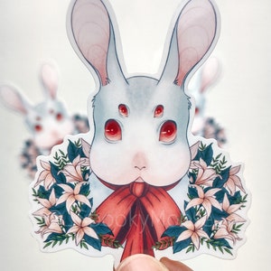 Gruseliger Frühlingshasen-Vinyl-Aufkleber | Gruselig süß | Witchy Vibes | Jahr des Hasen | Ostern | Botanische Illustration | Pastell Goth Dekor