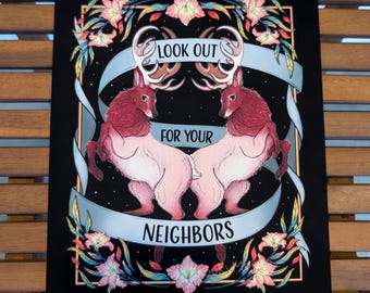Look Out For Your Neighbors Art Print | Elk artwork | Wildlife illustration | Stronger Together Inspirational Quote | Anti fascist decor