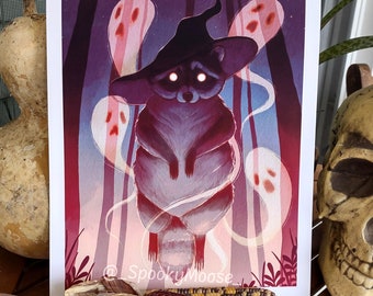 The Conjuring Raccoon Witch art print | Halloween Decor | Witchy Vibes | Ghostly illustration | spooky cottagecore | Halloween Gifts