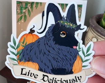 Black Goat Vinyl Stickers | Live Deliciously | Round Black Phillip | Creepy Cute art | Goth Decor | Hail Yourself | Witch Aesthetic Samhain