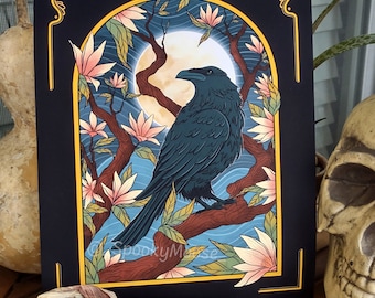 Raven in the Magnolias | Botanical Illustration | Art Deco Nature print | Goth Décor Wall Art | Creepy Cute Painting |  Cottagecore Witch