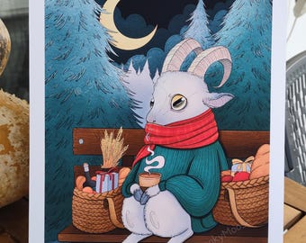 Yule Goat on a Cider Break | Julbock | Winter Solstice decor | Christmas folklore art | Julbocken Art Print | PaganFolktale | Witchy Vibes