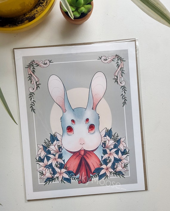 Spooky Spring Bunny Art Print | Creepy cute | Witchy Vibes | Year of the Rabbit | Easter | Botanical Illustration | Pastel Goth Decor