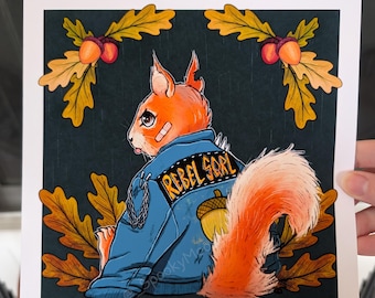 Rebel Squirrel Art Print | Punk decor | Alt Animal Art | Punk rock vibes | Whimsical nature illustration | Rebel Girl SQRL