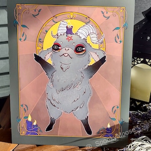 Blephomet Art Print | Kawaii Baphomet | Live Deliciously | Goth Decor | Witch Aesthetic | Spooky cute Satan Decal | occult art | Black Goat