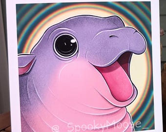 Baby Pygmy Hippo Art print | cute animal decor | Pastel vibes | Animal Illustration | Spooky cute art