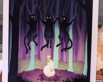 Black Cat Coven art print | Halloween Decor | Witchy Vibes | Ghostly illustration | spooky cottagecore | Halloween Gifts