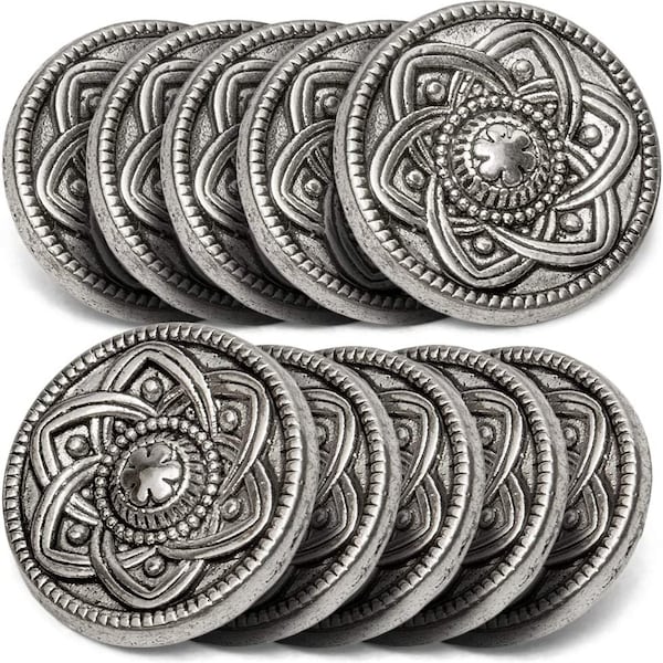 10 Knöpfe mit Blumenmotiv aus Metall, antiksilber