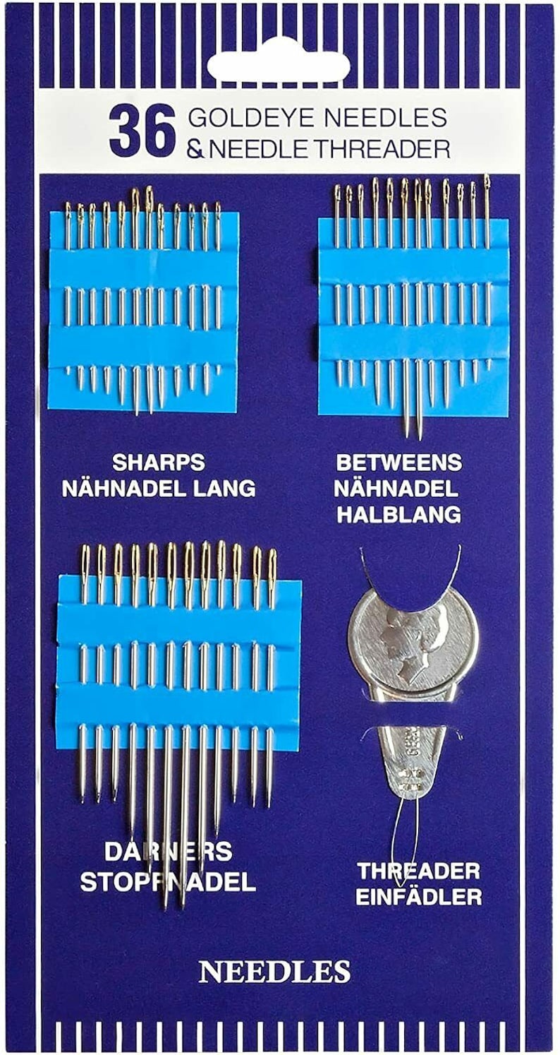 Nadelset: 36 Goldöhr Nähnadeln (Handnähnadeln u. Stopfnadeln) + Nadeleinfädler bild 1