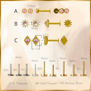 May include: A selection of ear piercing studs in gold and silver tones, featuring various designs with pink gemstones. The image includes studs with round, starburst, and diamond-shaped settings, with measurements in millimeters and gauge sizes.
