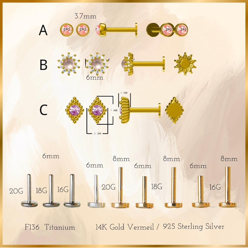 May include: A selection of ear piercing studs in gold and silver tones, featuring various designs with pink gemstones. The image includes studs with round, starburst, and diamond-shaped settings, with measurements in millimeters and gauge sizes.