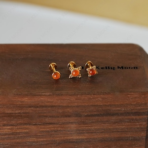 Orange carnelian threadless earrings-925 sterling silver push pin-14K Gold vermeil-16G 18G 20G Threadless flat back stud-Conch Helix Tragus