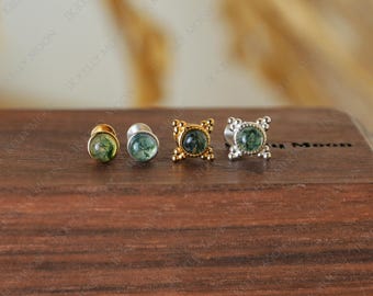 Pendientes sin rosca de ágata musgosa natural - Plata de ley 925 - Oro vermeil de 14 quilates - 16 g, 18 g, 20 g - Pendientes sin rosca con parte trasera plana - Conch Helix Tragus