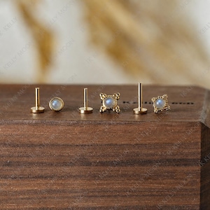 Naturlig labradorit gänglös örhänge - 925 sterlingsilver med tryckknapp - 14K guld vermeil - 16G 18G 20G gänglös platt baksida örhänge - Conch Helix Tragu