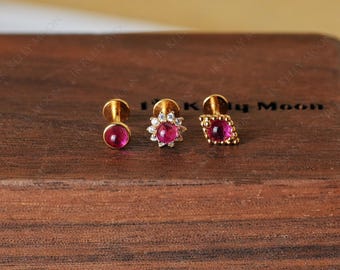 Ruby threadless earrings-925 sterling silver push pin-14K Gold vermeil-16G 18G 20G Threadless flat back stud-Conch Helix Tragus