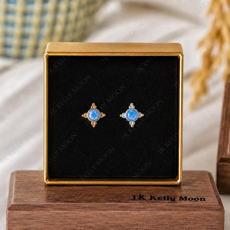 Blue Opal Threadless Earring-925 Silver Stud-14k Gold Vermeil-16g 18G ...