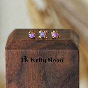 Purple opal threadless earrings-925 sterling silver push pin-14K Gold vermeil-16G 18G 20G Threadless flat back stud-Conch Helix Tragus
