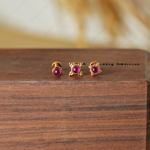 Ruby threadless earrings-925 sterling silver push pin-14K Gold vermeil-16G 18G 20G Threadless flat back stud-Conch Helix Tragus