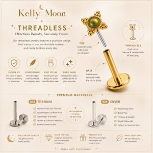 May include: An advertisement for threadless jewelry by Kelly Moon. The image showcases a gold-colored piercing stud with a decorative top and a green stone. The text highlights features like secure fit, comfort, and ease of use, with options in G23 titanium and 925 silver.