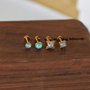 Aurora Opal threadless earrings-925 sterling silver earring stud-14K Gold vermeil-16G 18G 20G Threadless flat back stud-Conch Helix Tragus