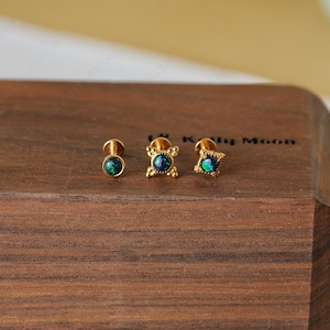 Pendientes sin rosca de ópalo negro - pasador de presión de plata de ley 925 - Oro vermeil de 14 quilates - 16G 18G 20G - Perno prisionero plano sin rosca - Concha Hélice Tragus