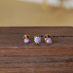 Pendientes sin rosca de ópalo morado - pasador de presión de plata de ley 925 - Oro vermeil de 14 quilates - 16G, 18G, 20G - Perno prisionero plano sin rosca - Concha, Hélice, Trago