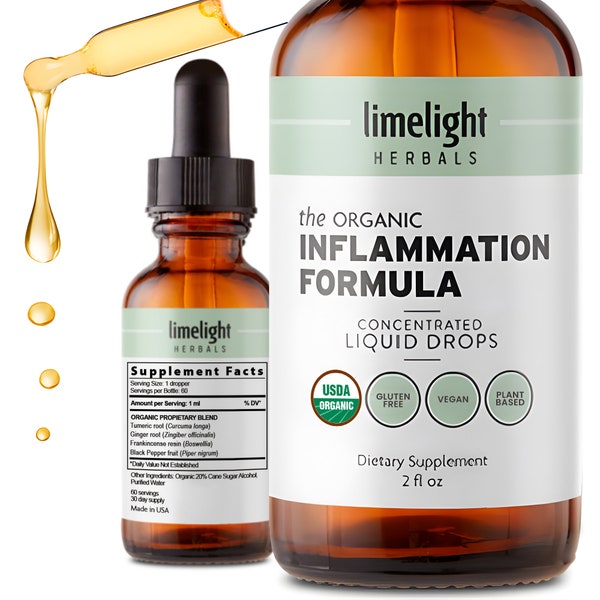 USDA Organic Inflammation Formula, Relief Support, Joints, Muscles, Healthy Body Aging, Concentrated, Max Absorption, Clean Pure Tincture