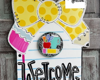 Notebook paper with pencil bow door hanger PLUS 5 ATTACHMENTS (school supplies,cupcake, heart, turkey, Christmas tree)