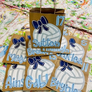 May include: A stack of brown paper bags with blue and white volleyball designs. Each bag has a name written on it, including Sutton, Brock, Meg, Ains, Gabi, and Bryhlee. The bags are decorated with blue bows and the number 17 is written on the top bag.