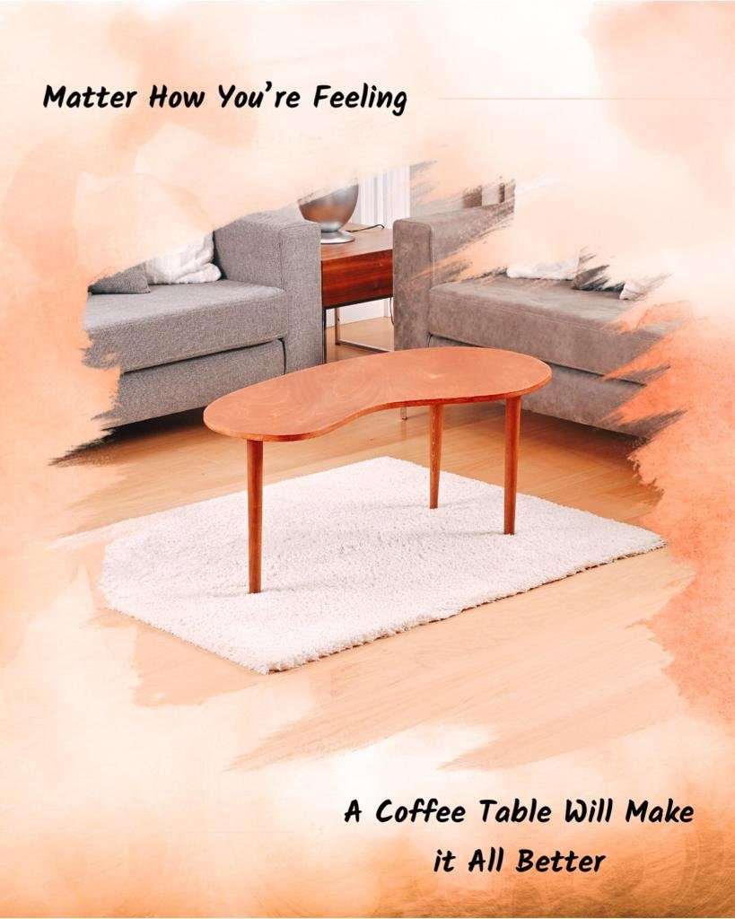 CHESTNUT Kidney Shaped COFFE TABLE, Wooden Modern Style Coffee Table