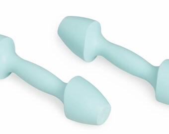 May include: A pair of light blue dumbbells. The dumbbells are made of a soft, flexible material and are ideal for light weight training.