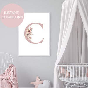 Impresión de arte de letras, signo de monograma, arte de pared de letra C imprimible, decoración inicial de la pared, impresión de letras florales, decoración de vivero imprimible
