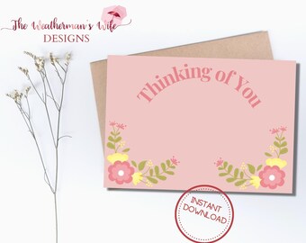 Carte imprimable en pensant à vous, téléchargement instantané, téléchargement de carte de voeux instantanée, rose, fleurs, carte en pensant à vous, téléchargement numérique