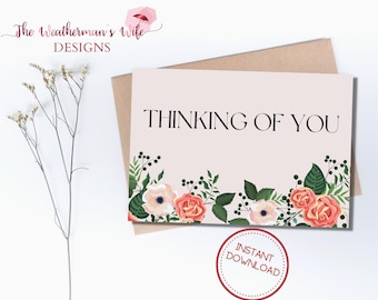 Carte imprimable en pensant à vous, téléchargement instantané, téléchargement instantané de carte de voeux, rose, fleurs, carte en pensant à vous, téléchargement numérique