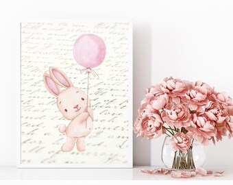 Girls Nursery Prints, Bunny Wall Art, Printable Instant Digital Download, Bedroom Poster