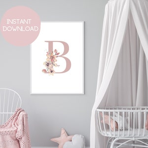 Letter Art Print, Monogram Sign, Printable Letter B Wall Art, Initial Wall Decor, Floral Letter Print, Nursery Decor Printable