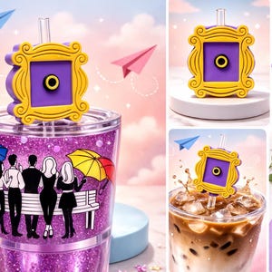 Puede incluir: Un vaso transparente con un diseño de purpurina morada y una pajita. El vaso tiene un diseño de marco amarillo y morado en la parte superior. El vaso tiene un gráfico de seis personas bajo paraguas. Aviones de papel en el fondo.