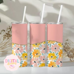 20oz Skinny Tumbler PNG, Pink Lemonade 20 oz Skinny Tumbler Wrap, Watercolor Flowers Tumbler Sublimation, Glitter Line Tumbler Sublimation