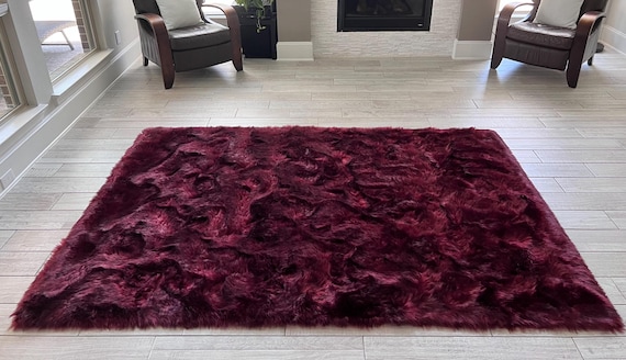 Burgundy  with Black tips Faux Sheepskin Rug: Plush Vegan Fur Accent Carpet