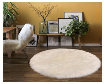 White Faux Sheepskin Round Rug, Shaggy Plush Carpet