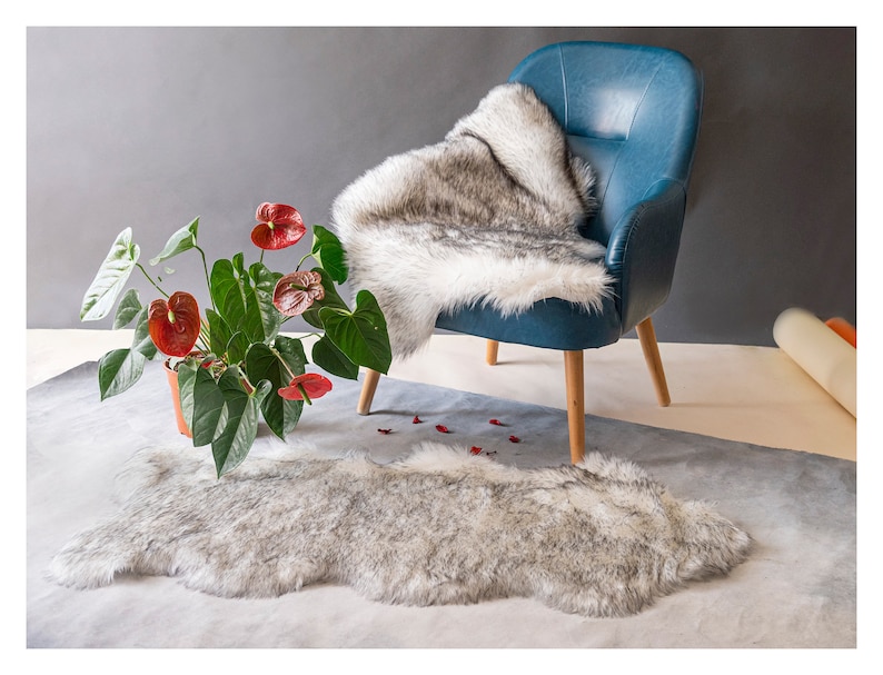 May include: A gray and white faux fur rug with a blue armchair and a potted plant with red flowers on a gray background.