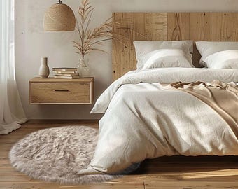Faux Sheepskin Round Rug: Shaggy Plush Carpet, Camel Color