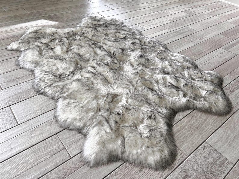 Faux Sheepskin Area Rug, Super Soft Shag, White and Black image 4