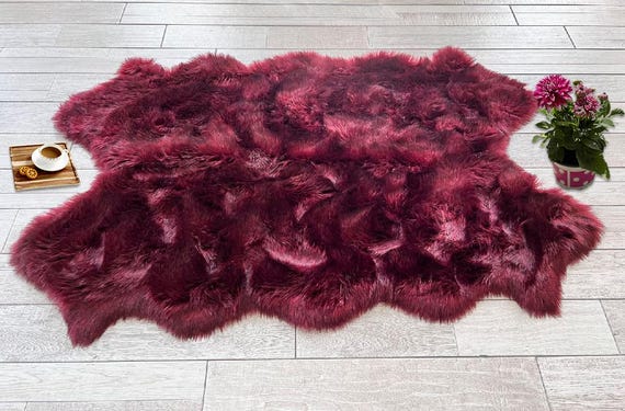 Burgundy with Black Tips Faux Sheepskin Rug: Super Soft Shag Area Rug