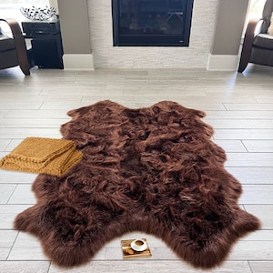 Faux Sheepskin Super Soft,Free shape Area Rug,Plush Fur Luxury Shaggy Silky Plush carpet for Bedrooms,Living,Kids Rooms,Sofa- Brown color