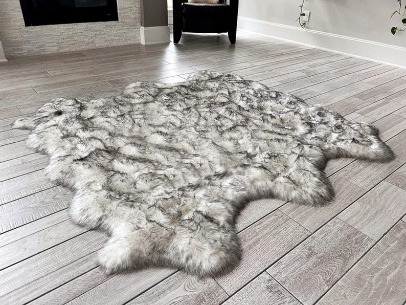 Faux Sheepskin Area Rug, Super Soft Shag, White and Black image 9