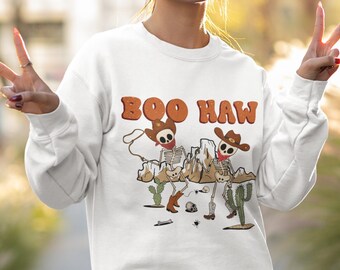 Boo Haw Halloween-tröja, Halloween-tröja med lantligt skelett, Cowboy-skelett-tröja med rund halsringning