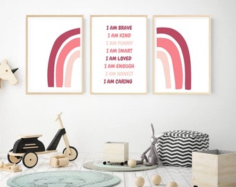 Set of 3 Pink Kids Affirmation Prints and Wall Art, Boho Watercolor Rainbow, Affirmation for Kids, Digital Prints, Print and Frame